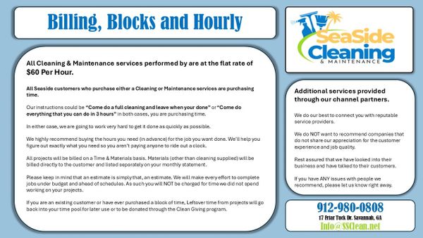 Informational flyer about billing, blocks, hourly rates, and services of SeaSide Cleaning &amp; Maintenance.
