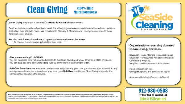 Informational flyer for SeaSide Cleaning's Clean Giving program offering free cleaning services to families in need.