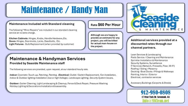 Seaside Cleaning Maintenance offers handyman and cleaning services at $60/hour.