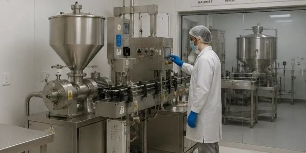 Technician operates machinery in a lab setting.