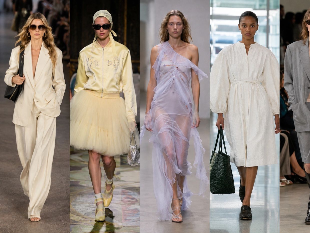 Fashion runway featuring models in elegant, diverse outfits.