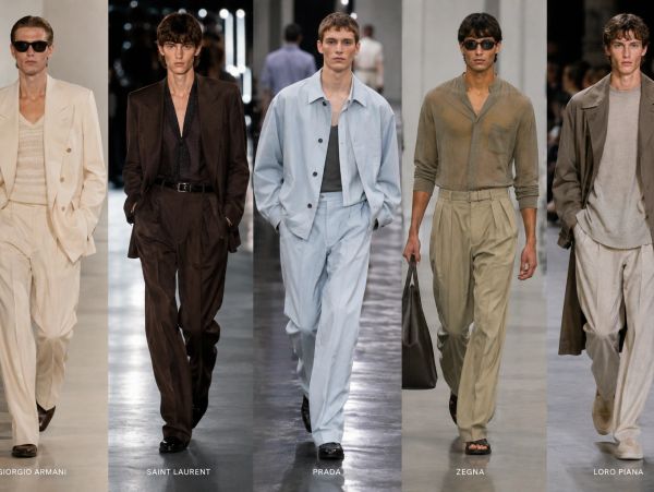 Models showcase high-fashion men's suits from top designers on the runway.