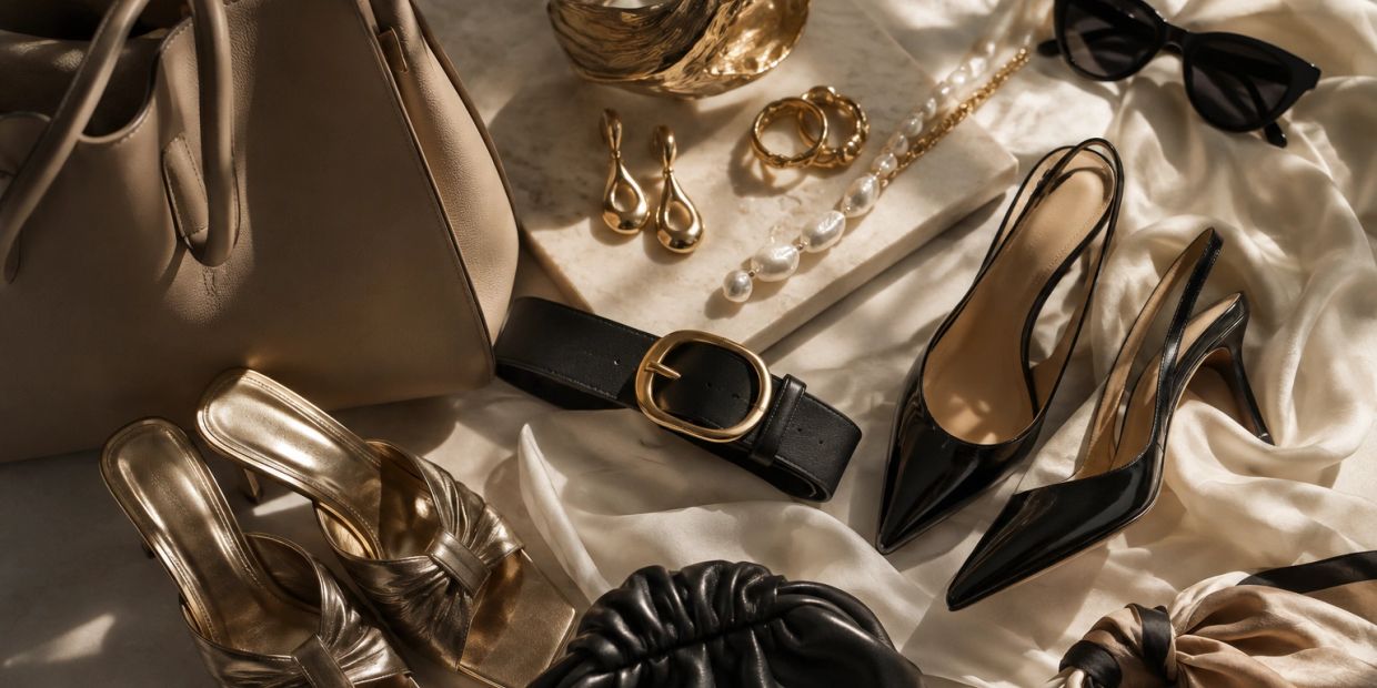 Elegant women accessories and shoes on satin fabric.