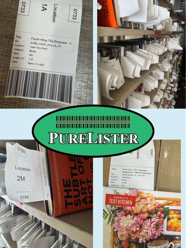 PureLister software collage showing FBA labels, inventory shelves, and cross-listing examples