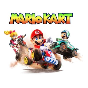Mario Kart characters racing in karts.