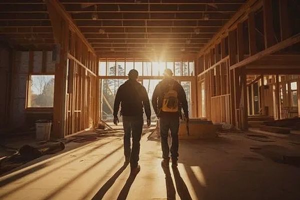 Two workers walk inside a wooden framed house under construction at sunset.