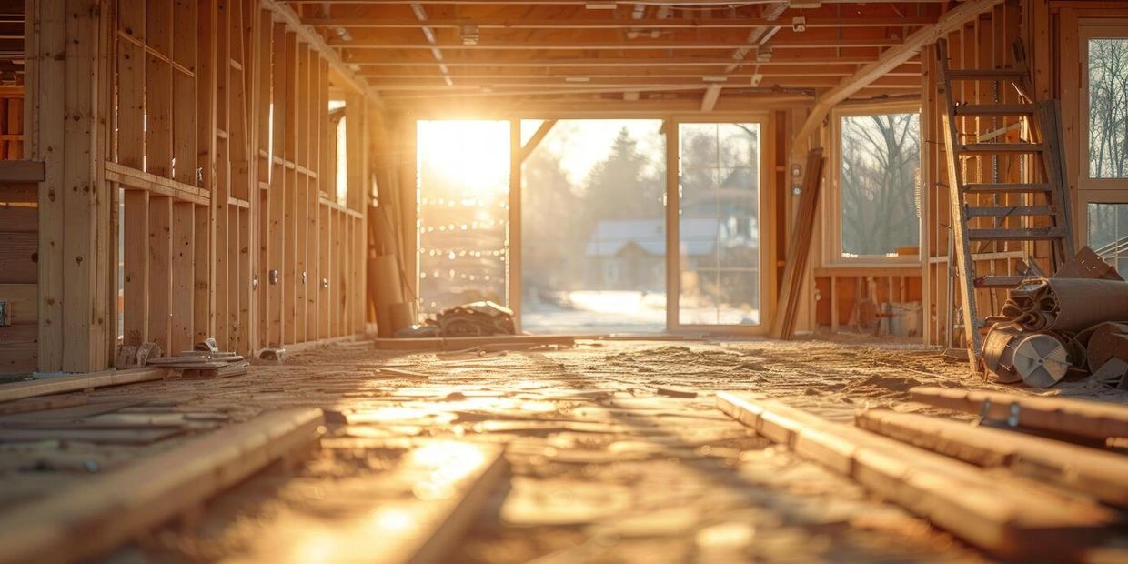 Sunlit interior of a house under construction with exposed wooden framing.