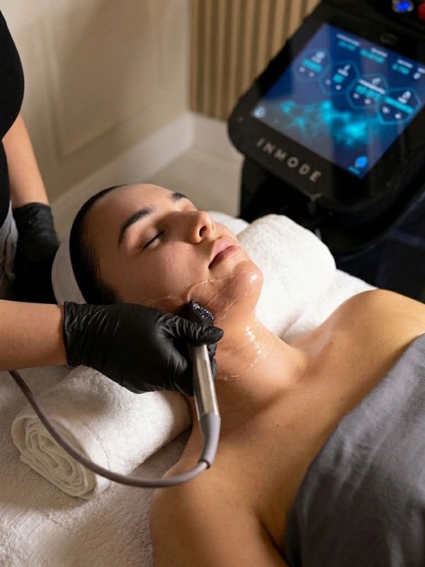 Woman receiving a facial treatment with a high-tech device.