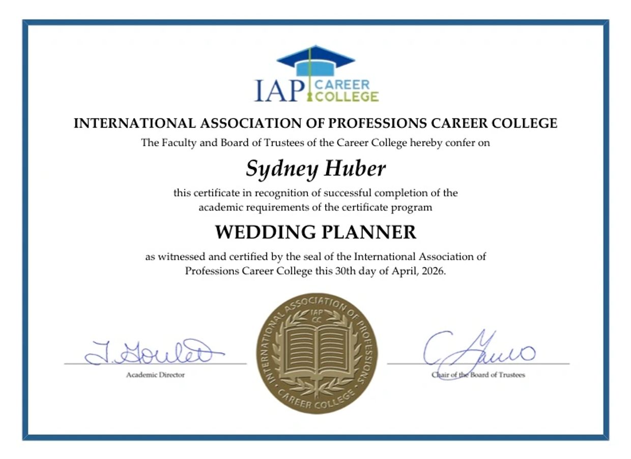 Certificate awarded to Sydney Huber for completing the Wedding Planner program.