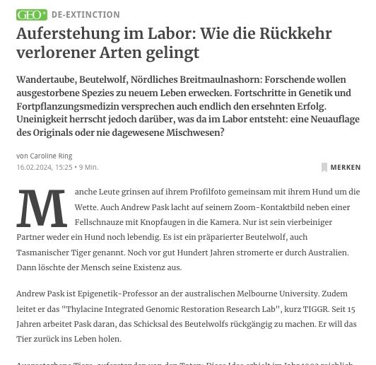 De-Extinction bei GEO.de