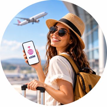Smiling woman traveler holding phone with eSIM app at airport.