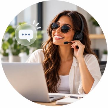 Smiling woman with headset working on laptop.