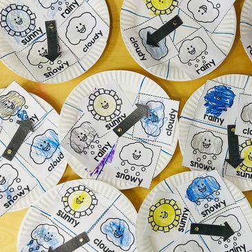 weather wheels for spring preschool crafts, with sun, cloud, snow, and rain icons