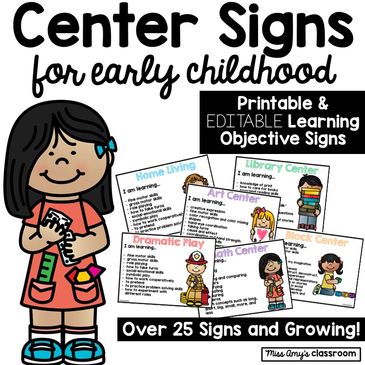 Editable preschool center signs with learning objectives, pre k center signs, daycare center signs