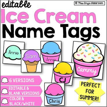 ice cream name tags, editable for summer preschool and kindergarten name recognition activities