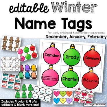 editable christmas nametags, editable winter nametags, winter bulletin boards