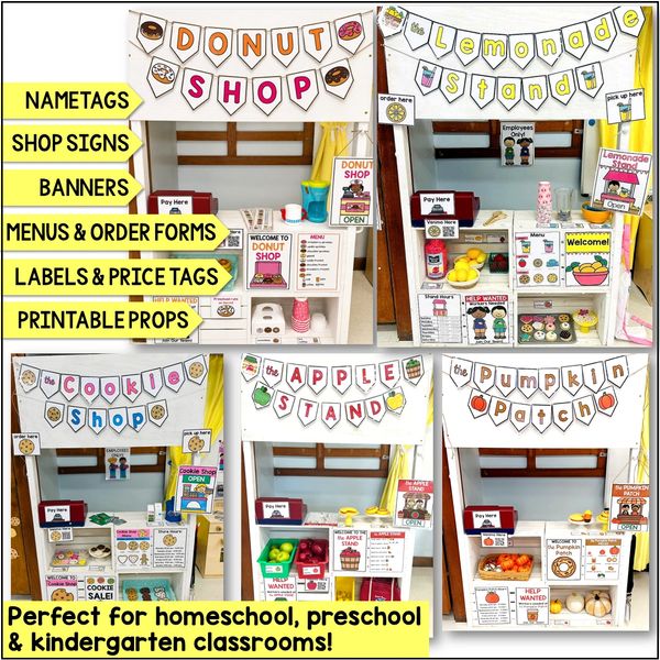dramatic play centers including donut shop, lemonade stand, bakery, apple stand, pumpkin patch