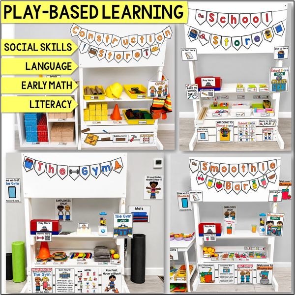dramatic play centers including a gym, smoothie bar, construction site, and back to school store