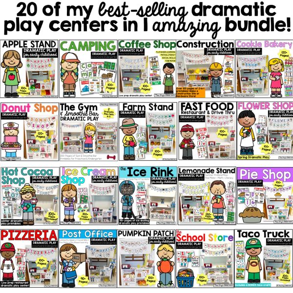 dramatic play center bundle including apple stand, donut shop, post office, pizza, pumpkin patch, fa