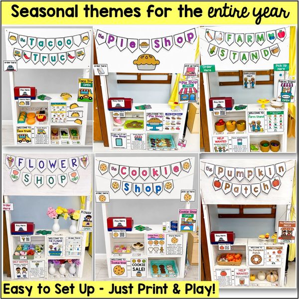 dramatic play centers, including a taco truck, pie shop, cookie bakery, flower shop, pumpkin patch a