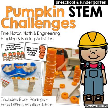 pumpkin stem challenge, 5 little pumpkins activity for preschool and kindergarten