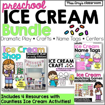 preschool ice cream activities for summer, including ice cream dramatic play, crafts, and centers