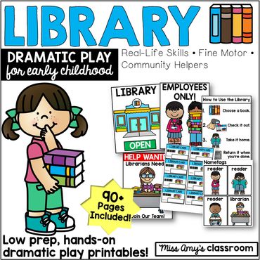 library dramatic play center printables for preschool and kindergarten classrooms