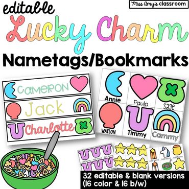 lucky charms nametags, st patricks day nametags, editable 