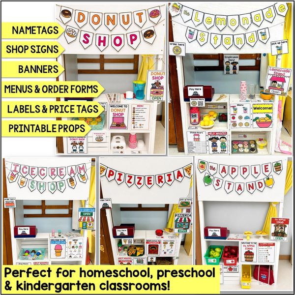 dramatic play center printables, including donut shop, lemonade stand, ice cream shop, pizza and app