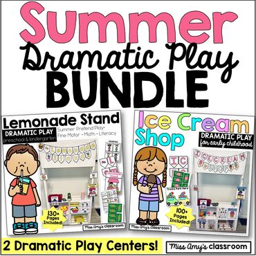 summer dramatic play, including ice cream shop and lemonade stand pretend play centers