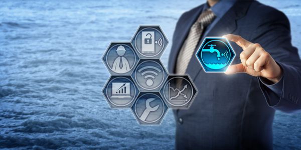 Civil engineer blue chip connects a smart water metering icon in a virtual monitoring application