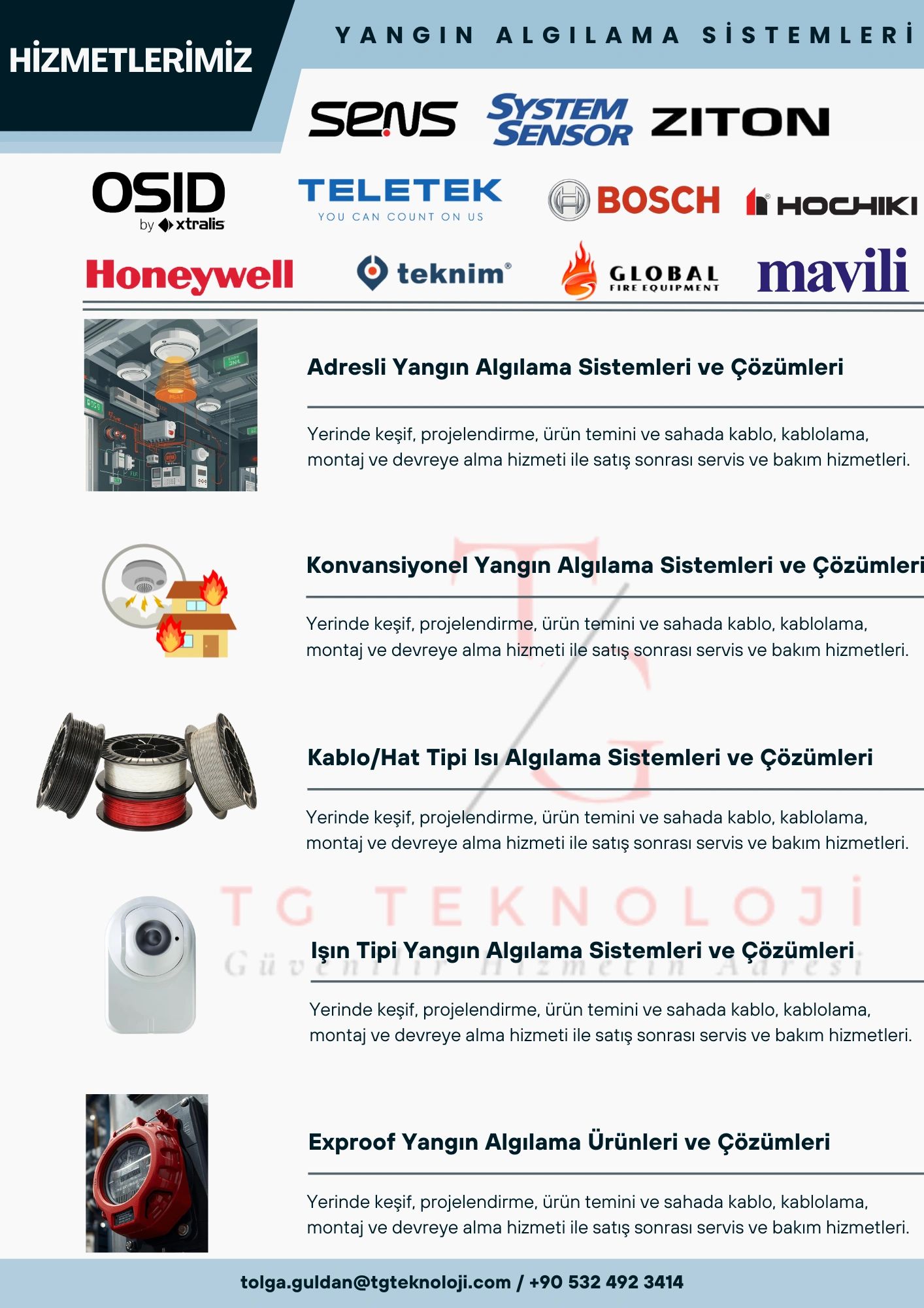 Yangın algılama sistemleri markaları ve hizmet detayları listelenmiş.
