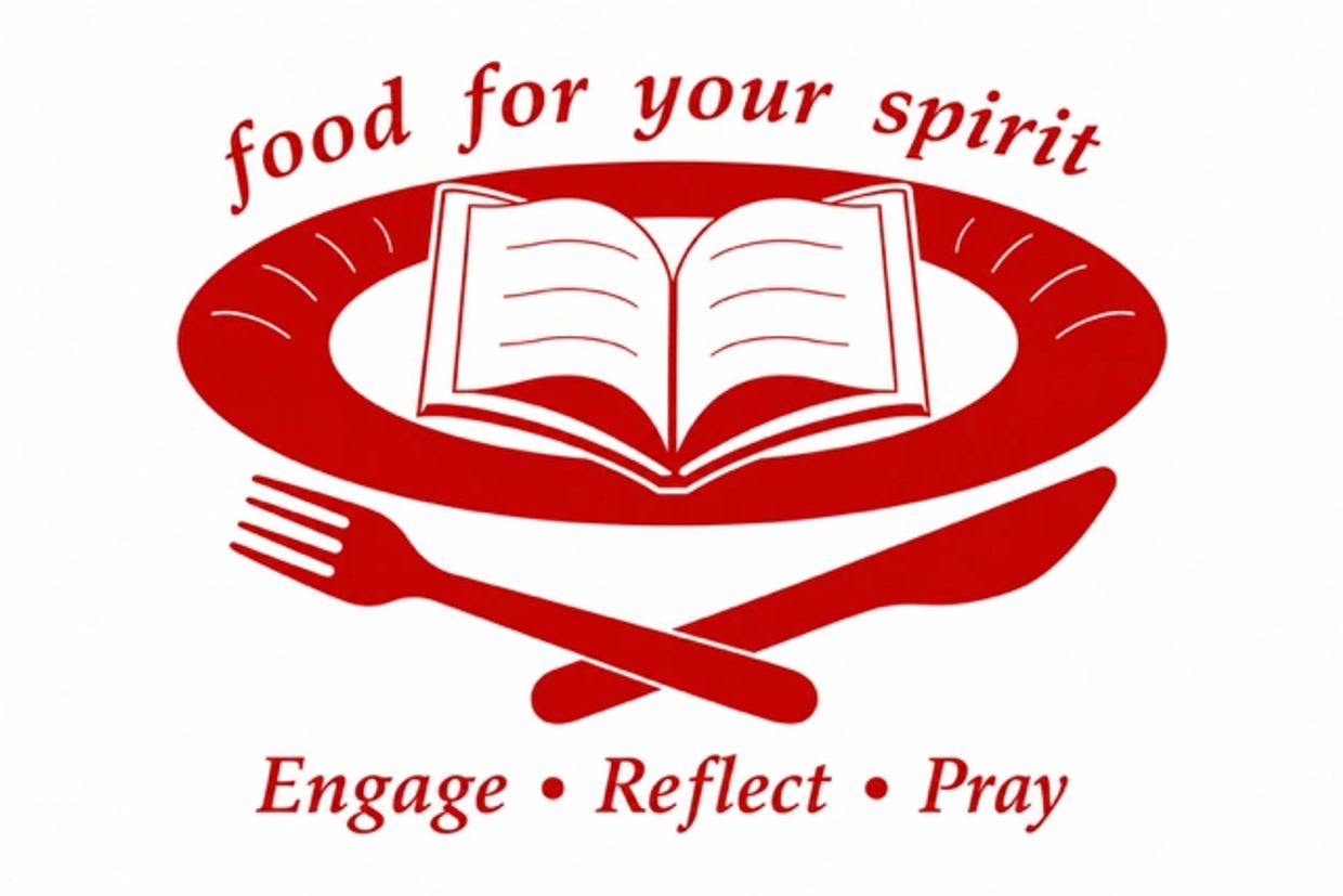 Logo with a book on a plate, fork and knife, and spiritual text.