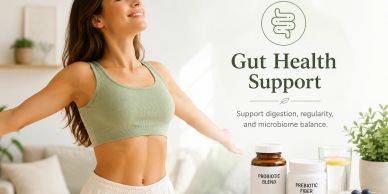 Woman enjoying gut health benefits with supplements nearby.