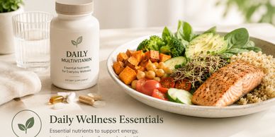 Daily multivitamin bottle with healthy meal and water glass.
