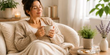 Woman enjoying a warm drink while relaxing at home.