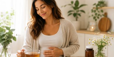 Pregnant woman enjoying tea in a bright kitchen.