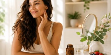 Smiling woman sitting at a table with plants and glassware.