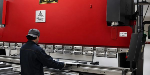 Worker operating a large red industrial press brake machine.