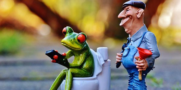 Pompel plumber figure holding tools and standing next to a frog on a commode