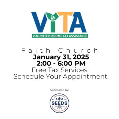 Flyer for free tax assistance event at Faith Church on January 31, 2025.