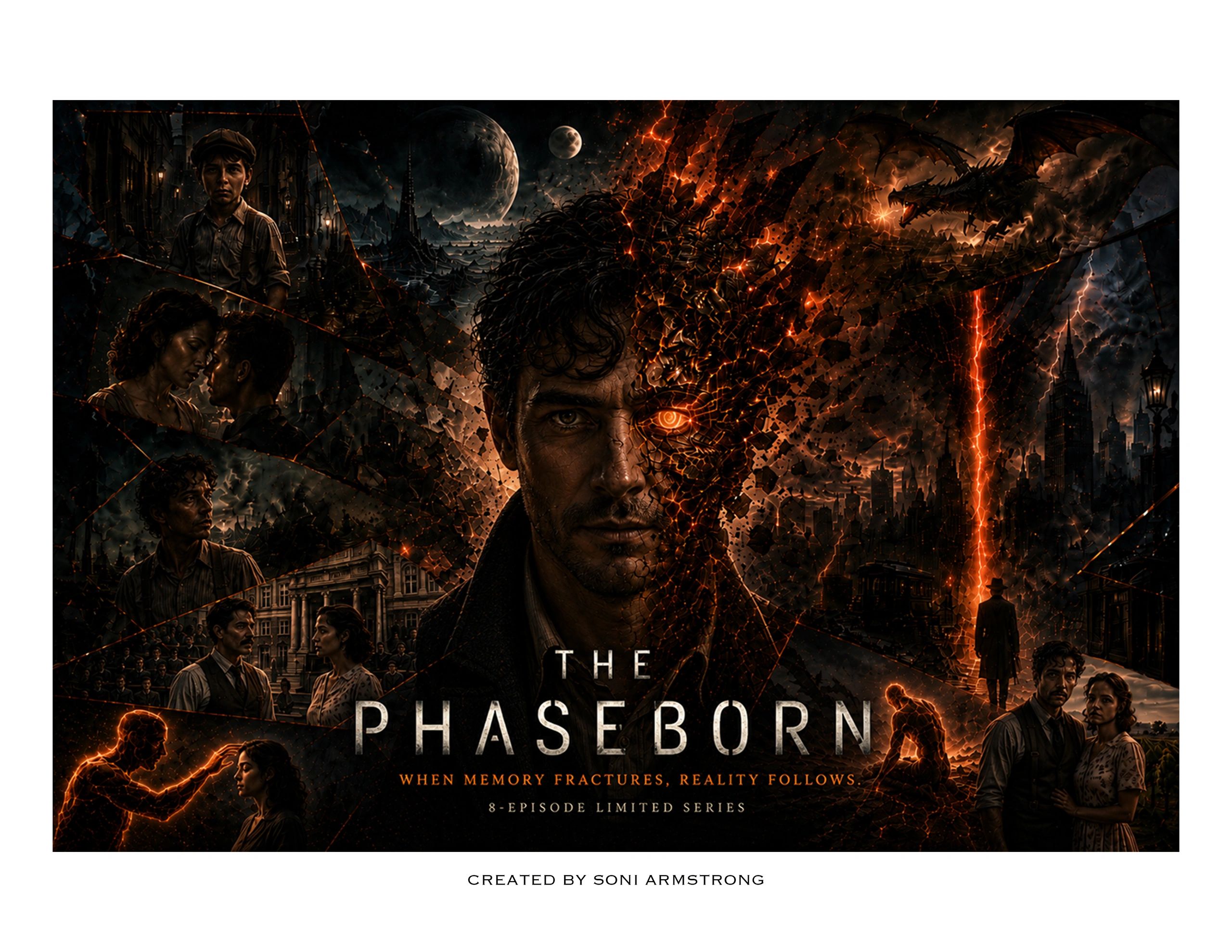 The Phaseborn poster with a man and dragon theme.