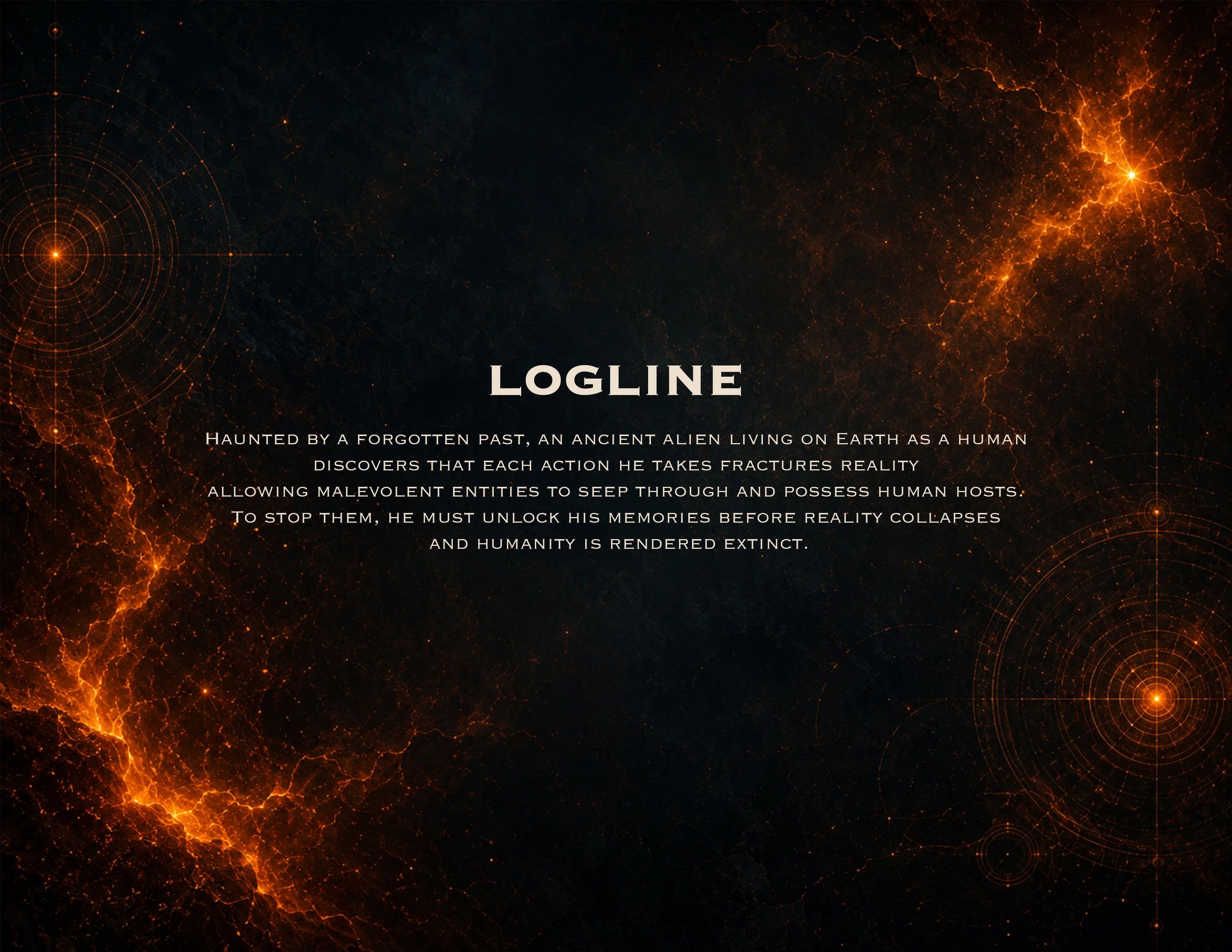 Sci-fi thriller logline with ancient alien and fractured reality theme.