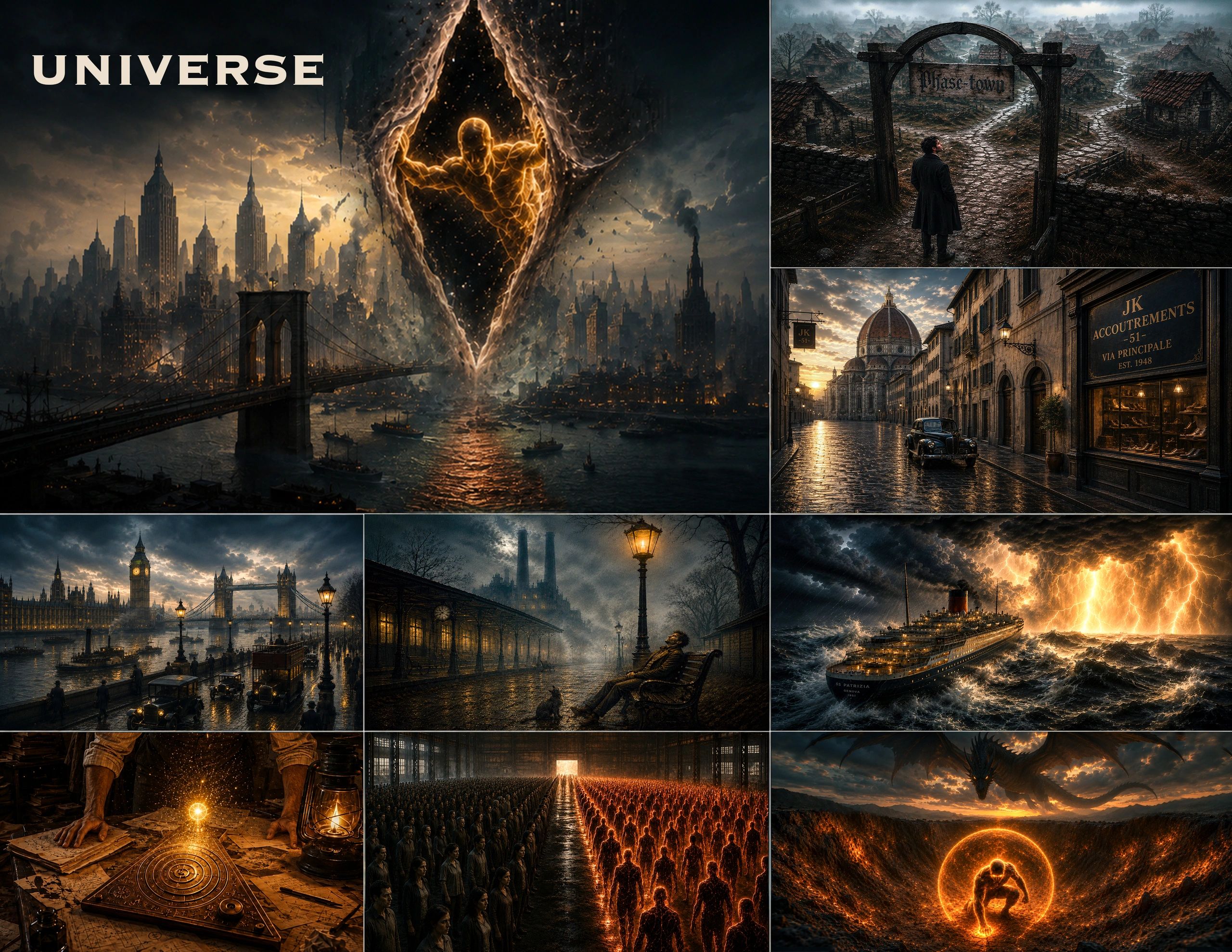 Dark fantasy scenes depicting cities, battles, and mystical elements.