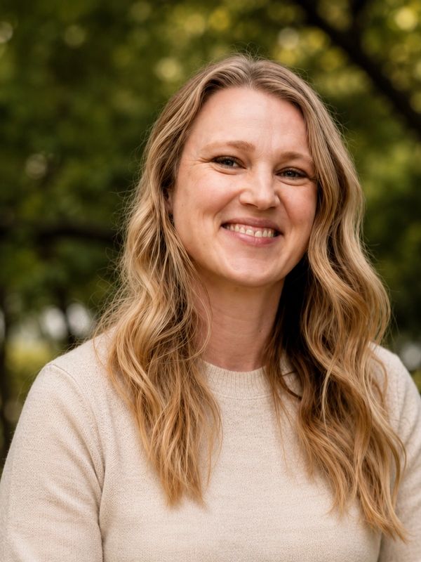 Smiling woman with wavy blonde hair outdoors.