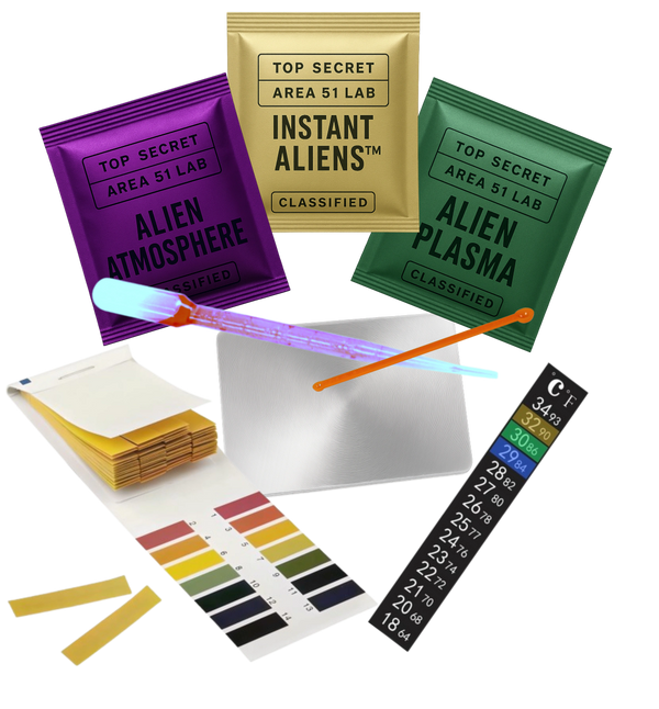 Packets labeled as top secret Area 51 Lab with alien-themed content and scientific strips.