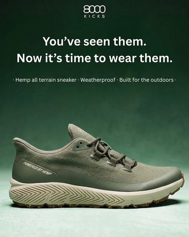 8000 Kicks hemp all terrain sneaker, weatherproof and built for outdoors.