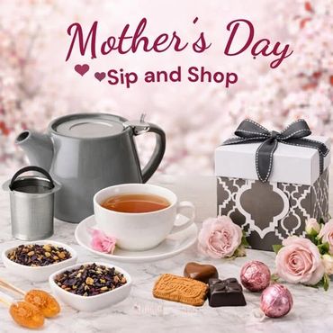 Elegant Mother's Day Sip and Shop setup with tea, sweets, and a gift box.