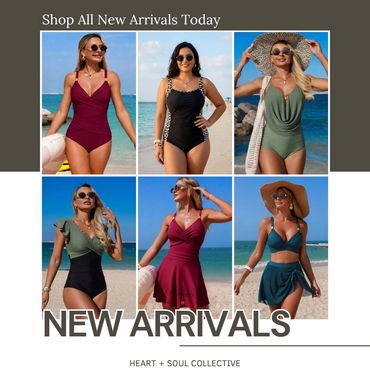 Six women modeling stylish swimsuits by the beach, showcasing new arrivals.