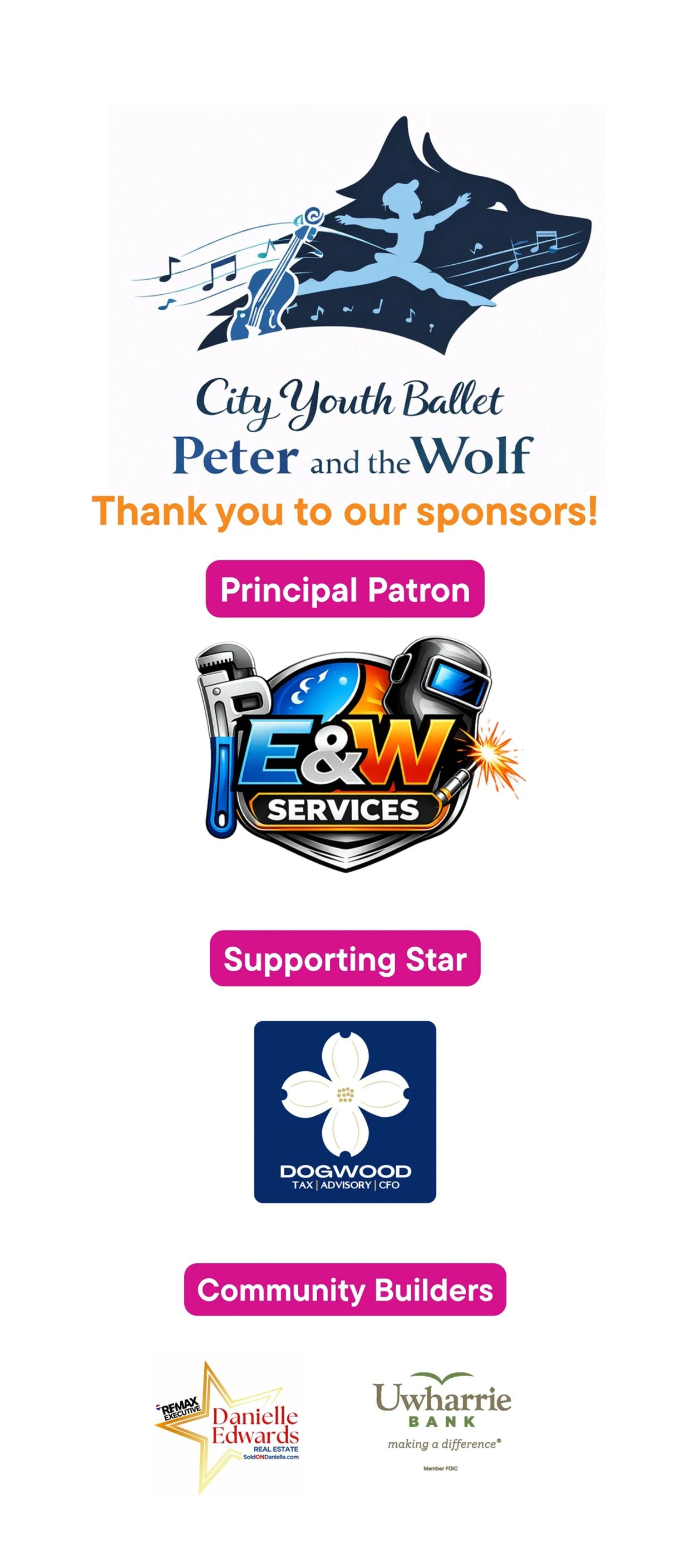 City Youth Ballet thanks sponsors for Peter and the Wolf production.